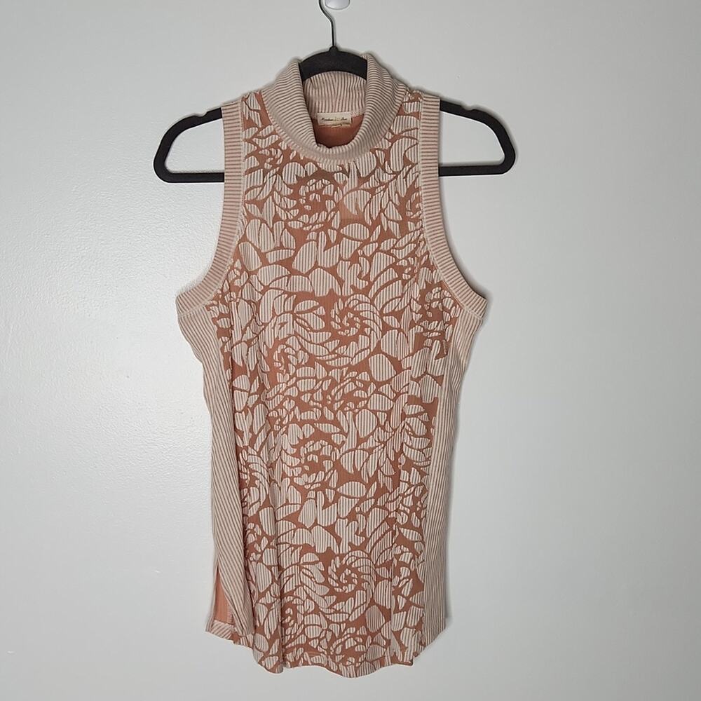 Anthropologie Meadow Rue Womens Ivory Blush Abstract Turtleneck Ribbed Top M